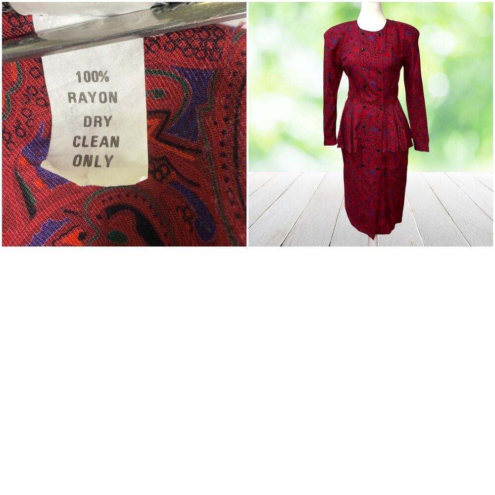 Vintage SAKS FIFTH AVENUE Dress Peplum Power Shoulders Red Paisley Rayon Size 4 - Picture 16 of 16